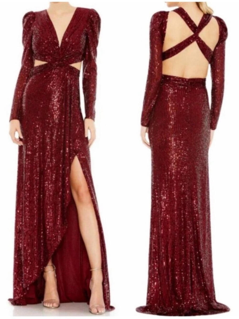 Mac Duggal NWT Dark Red Sequined Criss Cross Cutout Long Sleeve Gown Size 2